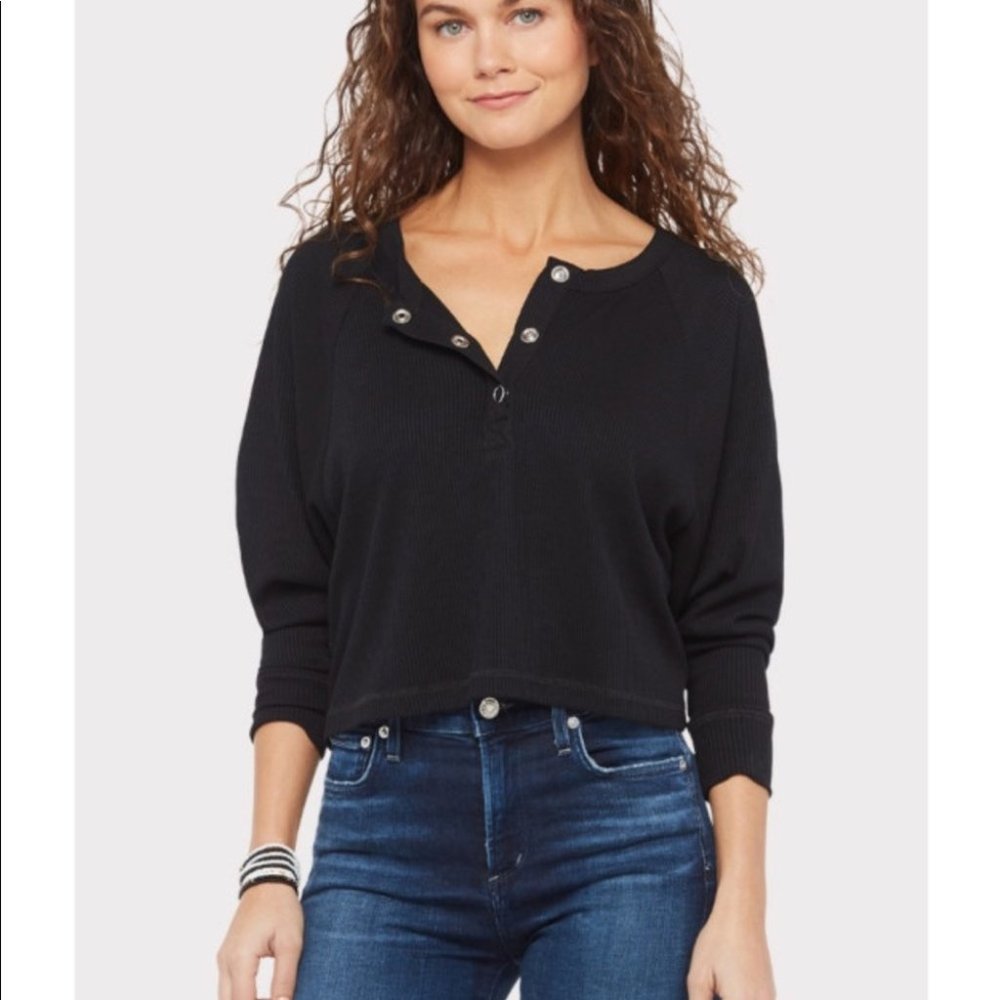 Anthropologie Chaser Rib Henley Snap Front Black Top